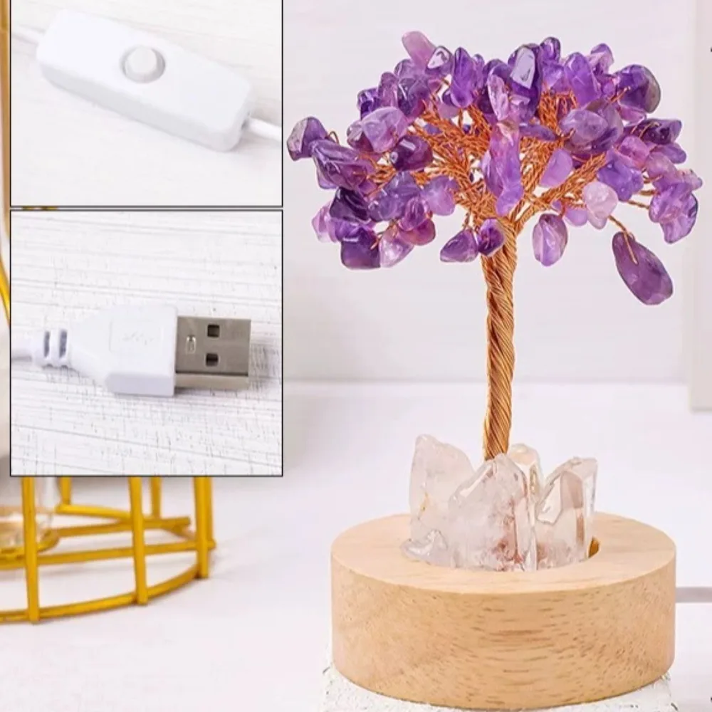 Arbre à argent en cristal naturel, décoration Feng Shui, arbre de la chance et de la prospérité avec base LED, cadeau d'anniversaire pour bureau