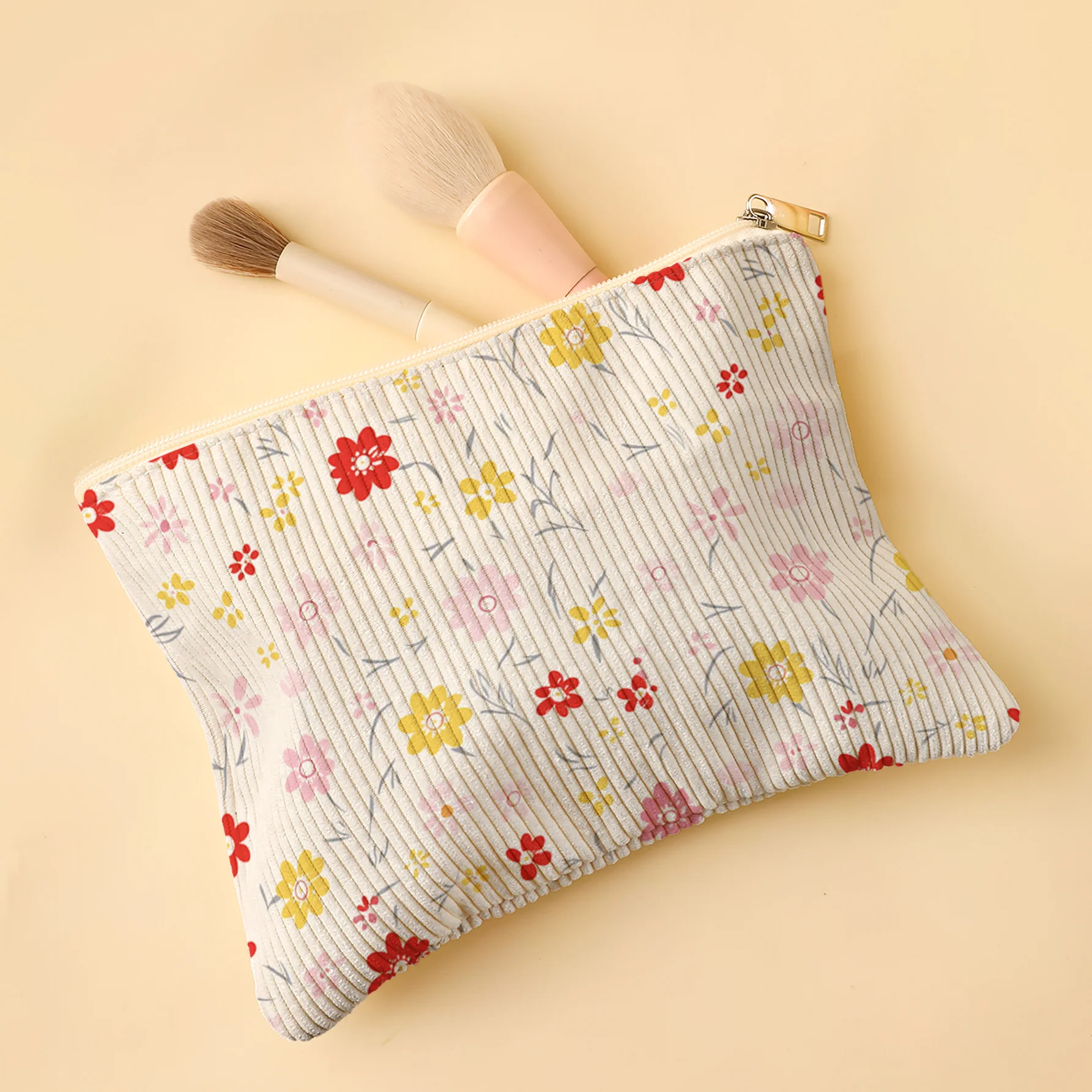 Corduroy Cosmetic Bag Cream Base Red Yellow Wildflower Print Zipper Makeup Pouch Large Capacity Travel Storage Purse Korea Style