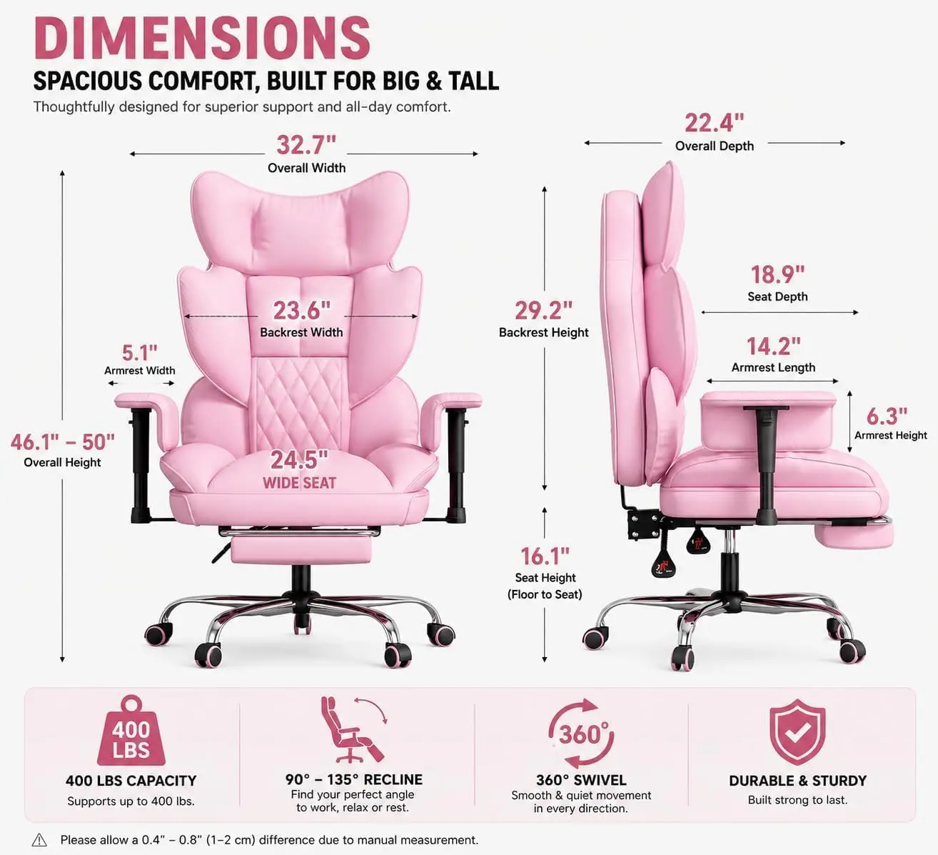Big and Tall Gaming Chair 400lbs, Heavy Duty Office Chair with Footrest, High Back Computer Chair with Thick Padded Seat and Lumbar Support, Wide Seat Reclining PU Leather Chair, Pink