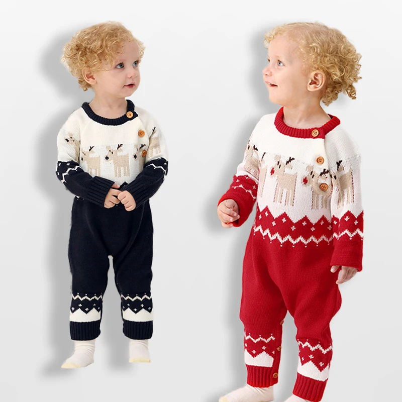 

Baby Boy Girl Christmas Clothing Knitted Autumn Winter Jumpsuit Rudolph Reindeer Knitting Sweater One-sies Outfit