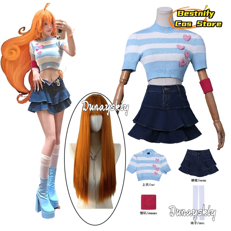 

Bloom Cosplay Cartoon Fairy Anime Costume Blue Striated Sweater Vintage Denim Mini Skirts Women Suit Bloom Role-playing Outfit