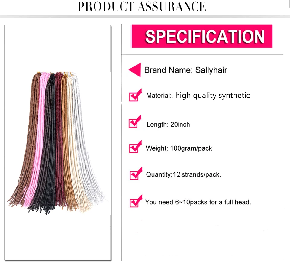 Sallyhair Synthetic Dreadlocks 1 Pack 12strands 20inch Braiding Hair Extensions Crochet Braids Hair White Pink  Black