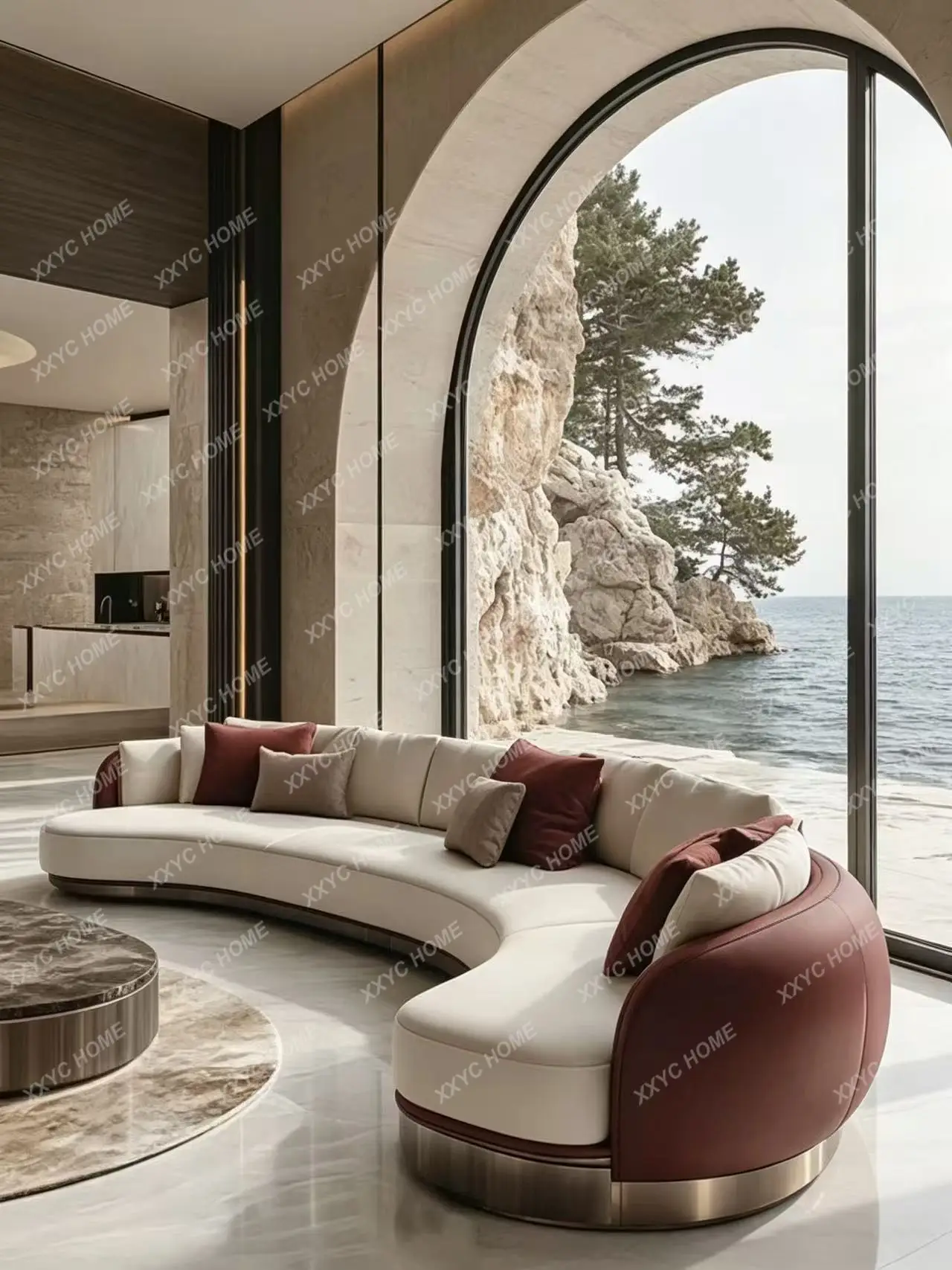 Minimalist special-shaped leather villa sofa model room large flat curved sofa combination