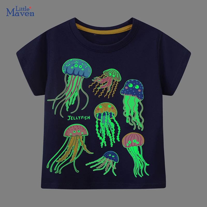 Little maven 2024 New Fashion Tops Children\'s Clothing Luminous Jellyfish Kids Clothes Summer Baby Boys Short Sleeves T Shirts