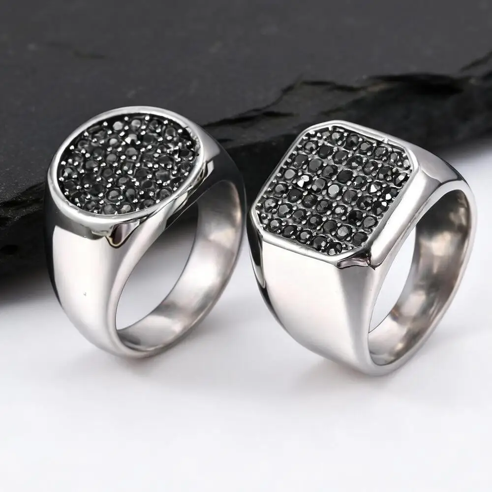 Bague signet en zircon noir pour hommes et garçons, bague statement en acier inoxydable étanche, bijoux punk hip hop, cadeau d'anniversaire