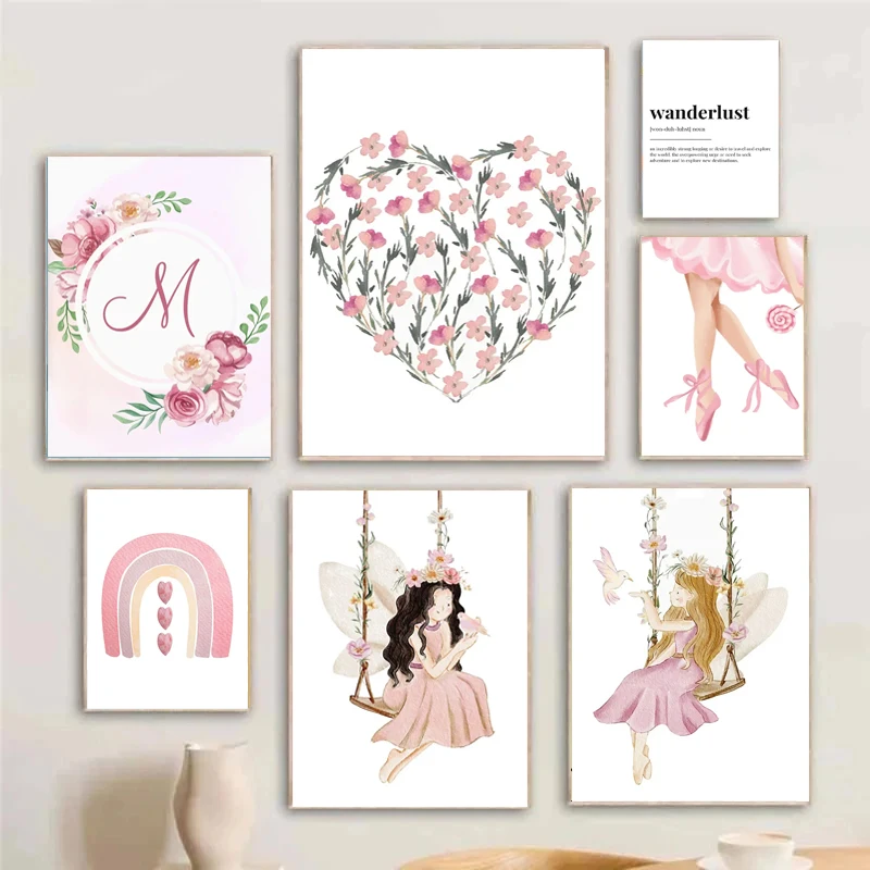 لوحة فنية على القماش ، بجعة وردية ، قوس قزح ، ملاك ، زهرة ، مخصص ، اسم طفل ، روضة أطفال ، طباعة ملصق ، غرفة فتاة ، ديكور منزلي