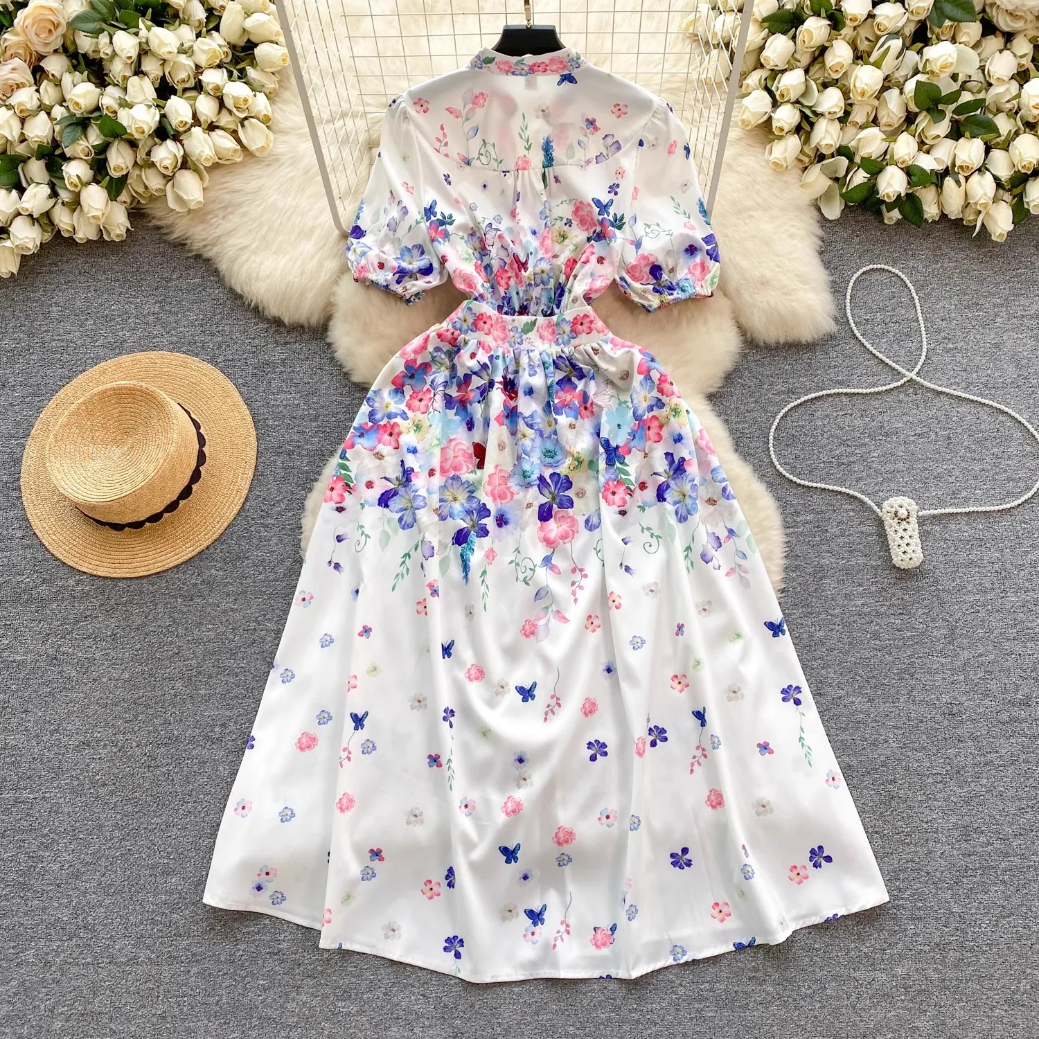 2024 Nieuwe Zomer Dames Bloemenprint Palce Stijl V-Hals Korte Mouw Single Breasted Mode Elegante Casual Party Boho Jurken