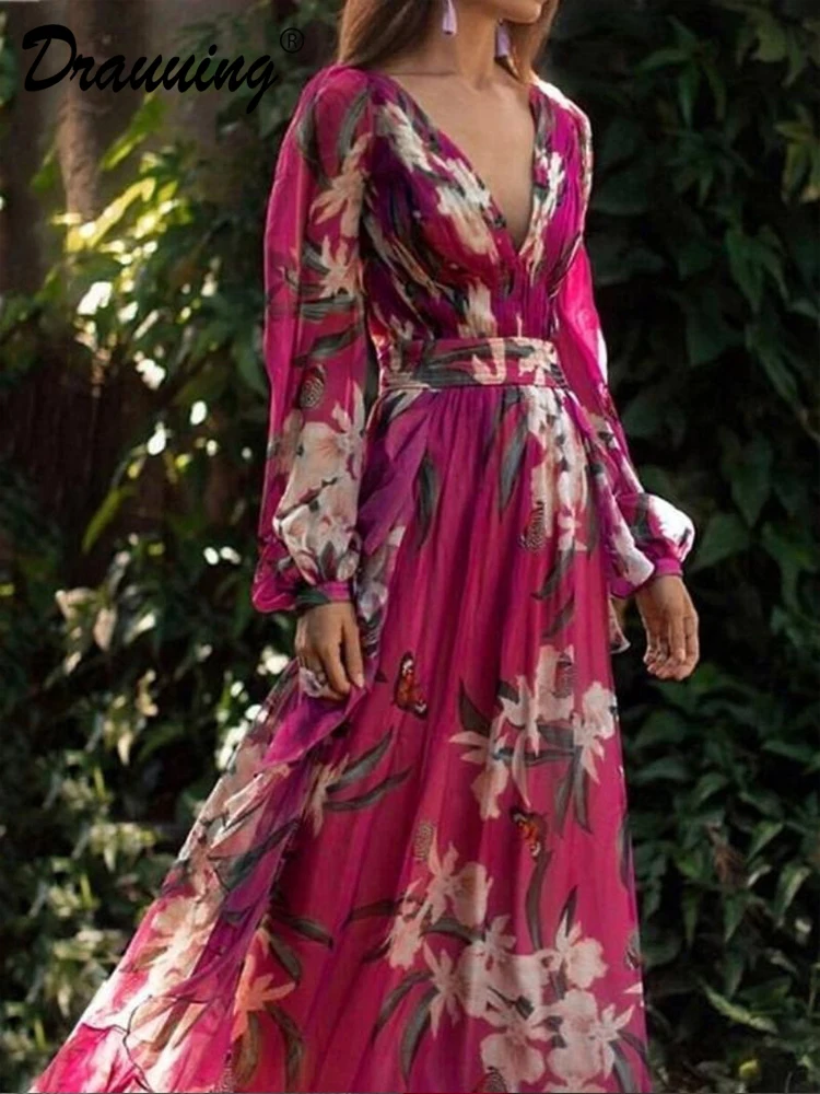 D rauuing-Robe longue à imprimé fleuri pour femme, tenue de soirée élégante, manches lanternes, nouvelle collection automne