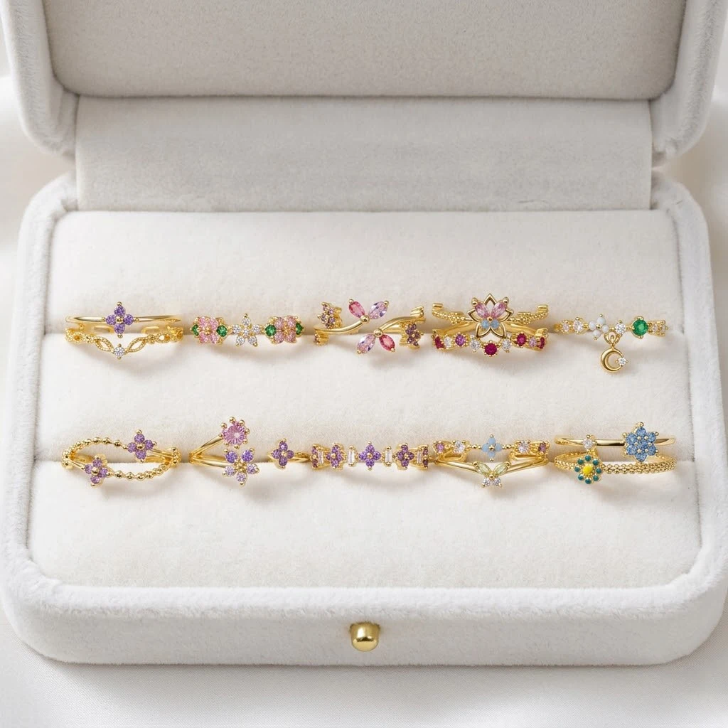New ins Cute Colorful Zircon Flower Ring For Women Girl Fashion Vintage Zircon Adjustable Rings Jewelry Gift