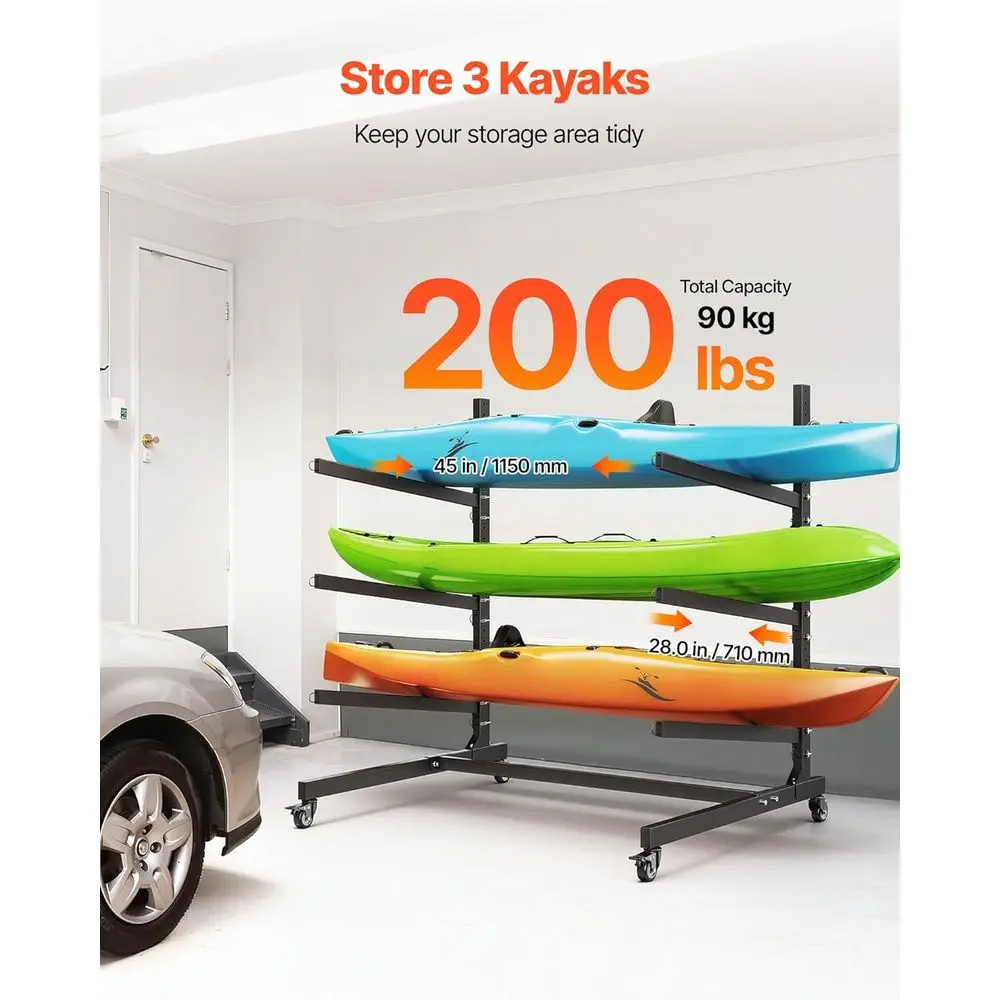 Heavy-Duty Adjustable Storage Rack for Outdoor and Indoor Use, Supports 200 lbs, with Lockable Wheels, Ideal for Canoes, SUPs, a