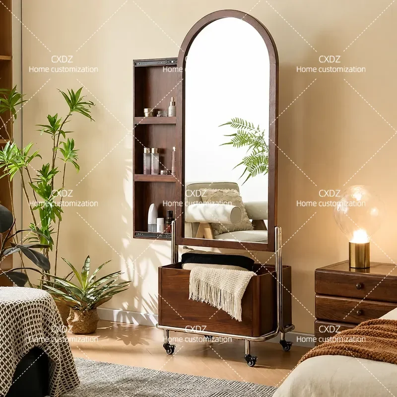 Cream Solid Wood Full Length Mirror with Storage Cabinet and Hanger Movable Floor to Ceiling Mirror for Bedroom Home Use