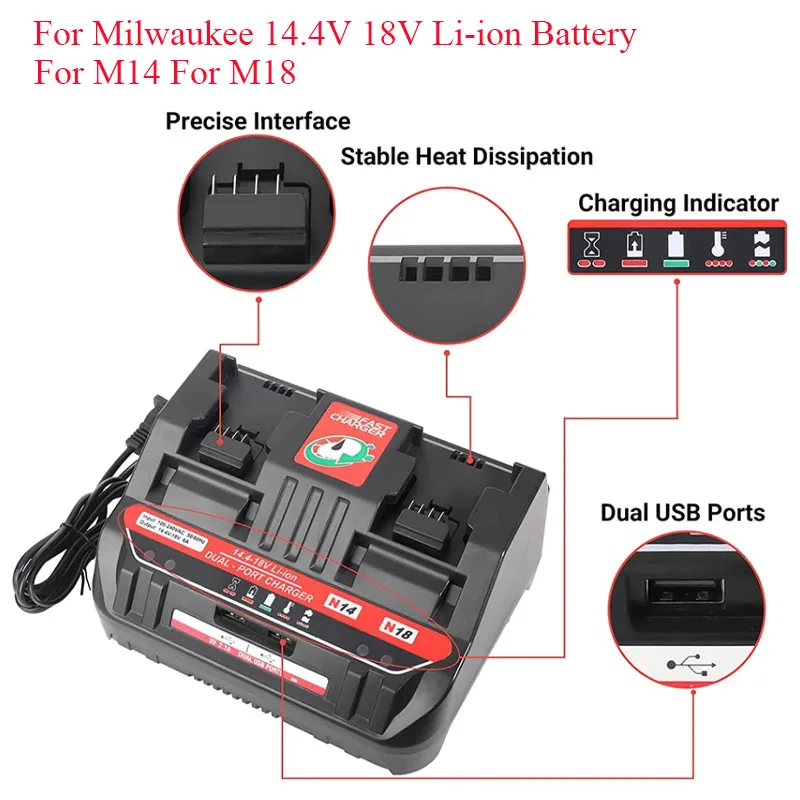 

Power Tool Accessories Parts For Milwaukee For M14 14.4V For M18 18V Li-Ion Battery 2 Port Double Charger