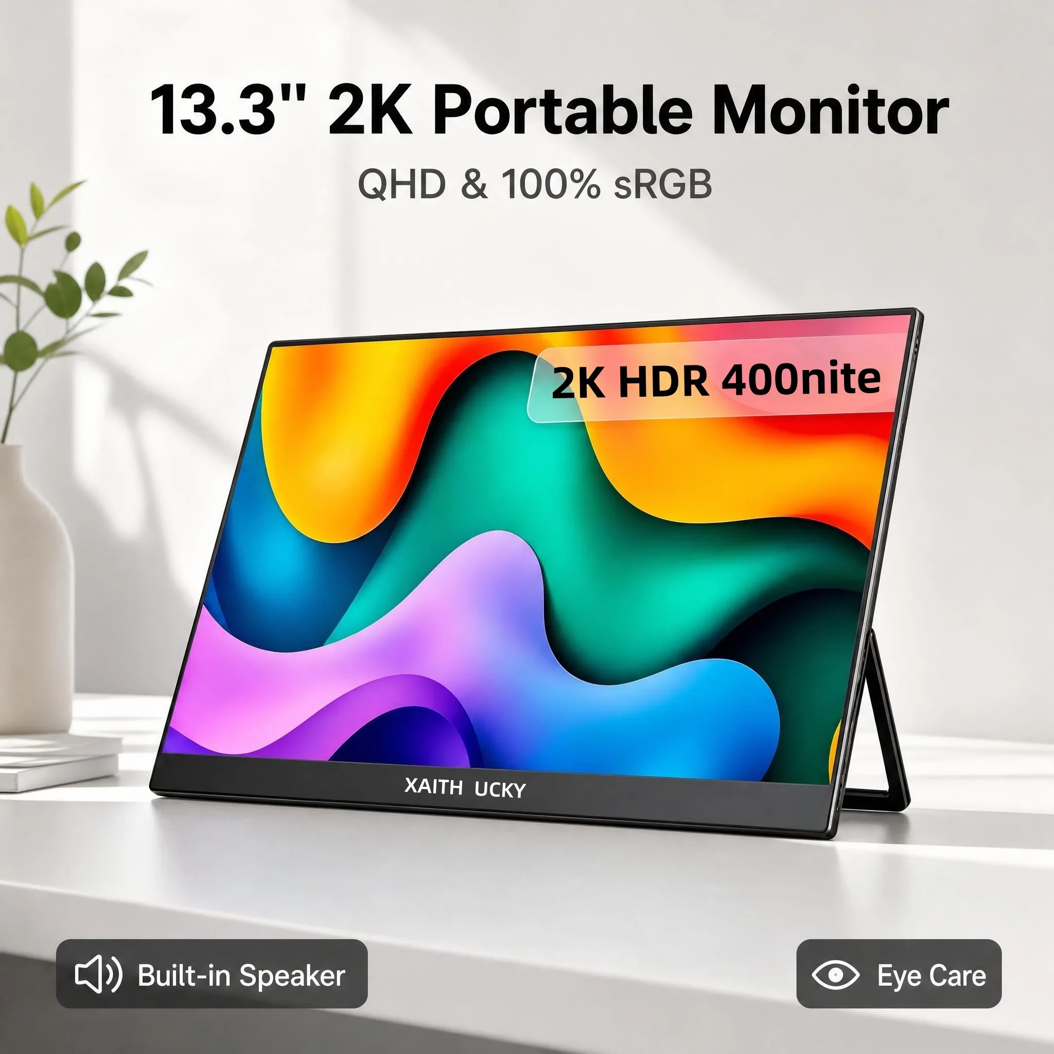 13.3 Inch 2K QHD Portable Monitor, 400 Nits, 100% SRGB, 16:10 Aspect Ratio, Built-in Speakers, VESA Mountable, Integrated Hidden