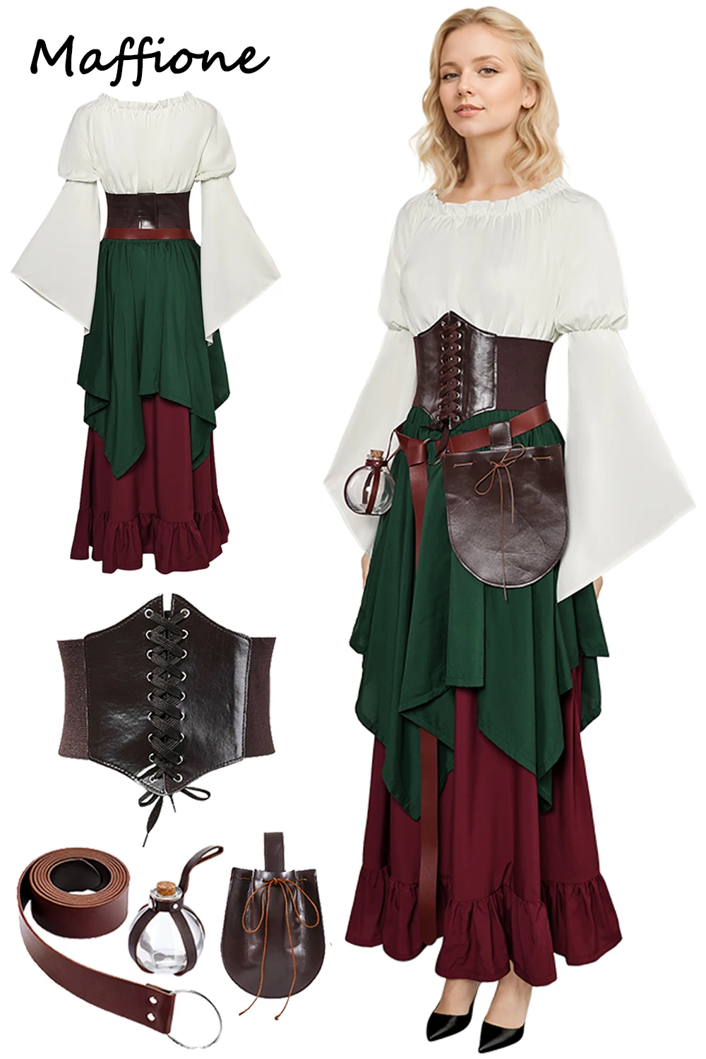 Viking Medieval Renaissance Women Cosplay Costume Green Dress Skirt Vest Waistbags Belt Outfits Female Halloween Carnival Suit