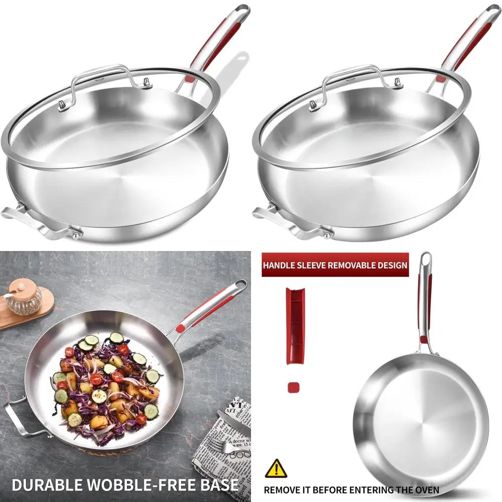 

13-дюймовая сверхмощная трехслойная сковорода из нержавеющей стали с крышкой и съемной ручкой для индукционной приготовления пищи