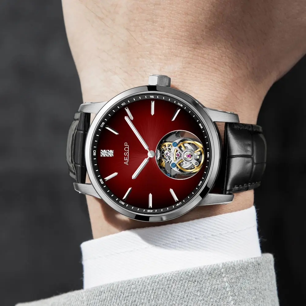 ساعة ايسوب الفاخرة بحركة توربيون الطائرة اليدوية للرجال ساعة ميكانيكية مجوفة متدرجة بمينا أورورا ساعة عصرية