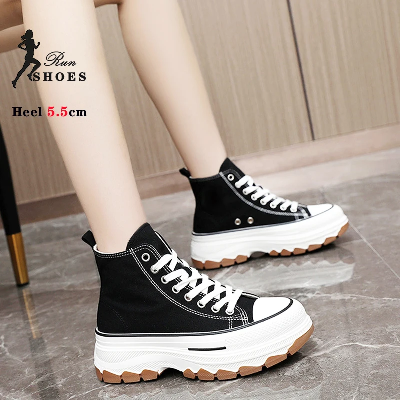 Ladies Lace-up Canvas Shoes 2024 New Thick Sole High Top Women Sneakers Black Non-Slip Plimsolls Female Outdoors Casual Shoes