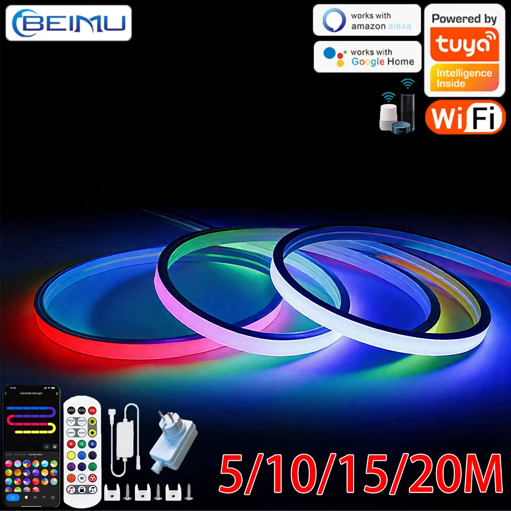 BEIMU 24V WIFI LED Neon Strip Lights Waterproof Music Sync Voice Control Support TUYA Smart Life Alexa For Home Outdoor Decor