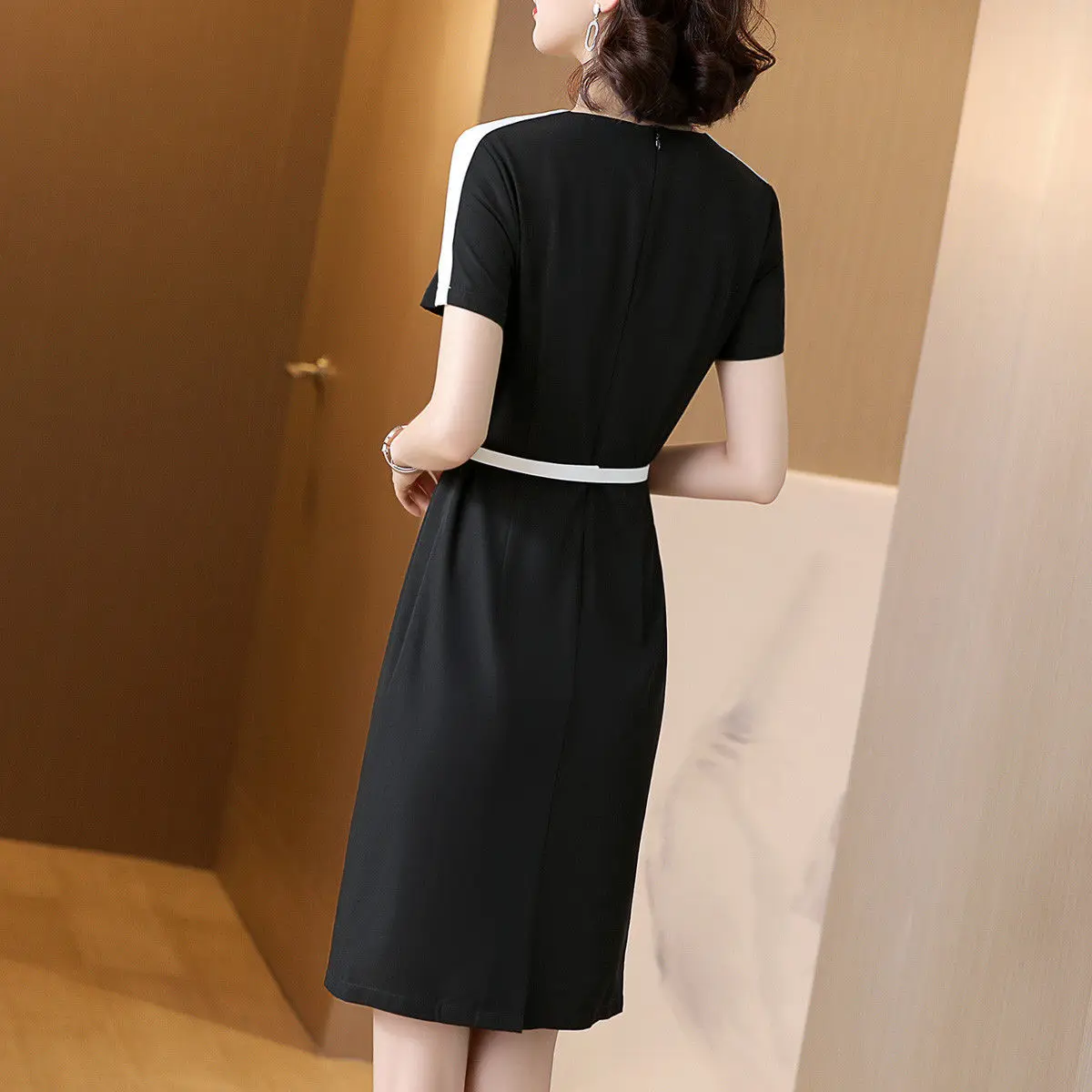 Summer Woman Casual Midi Dress V-Neck Fashion Short Sleeve Zipper Belt Pullover Contrasting Colors Female Elegant Dresses 2022