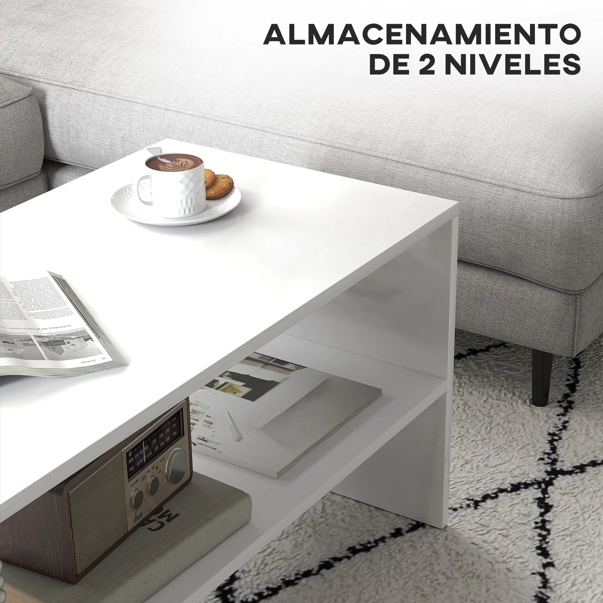 HOMCOM Mesa de Centro Mesa Auxiliar con Compartimo Abierto Mesa de Café 100x40x41,5 cm Blanco Brillante #4