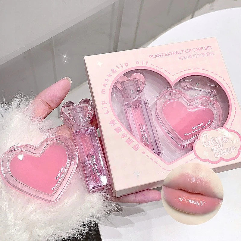 Pink Heart Lip Care Set Moisturizing Reduce Dry Wrinkles Transparent Tint Water Light Mirror Peach Lipstick Women Lips Makeup