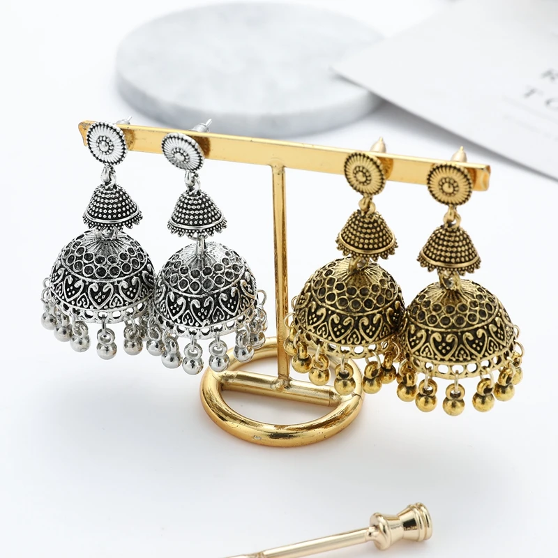 Indian Oxidized Jewelry Women\'s Gold Silver Color Big Bell Jhumka Earrings Ethnic Gypsy Tassel Alloy Drop Earing Tibetan Jewelry