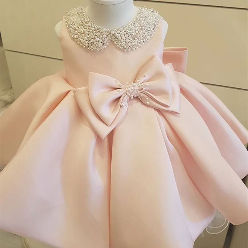 Toddler White Wedding Satin Princess Baby Girl Dress Bow 1 Year Birthday Evening Party Newborn Christening Dress for Girl Clothe