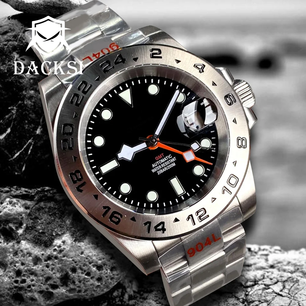 DACKSI Stainless Steel 39mm NH34A GMT Function Dress Automatic Wristwatch for Men Sapphire Glass Black Dial Date Screw Crown Etc