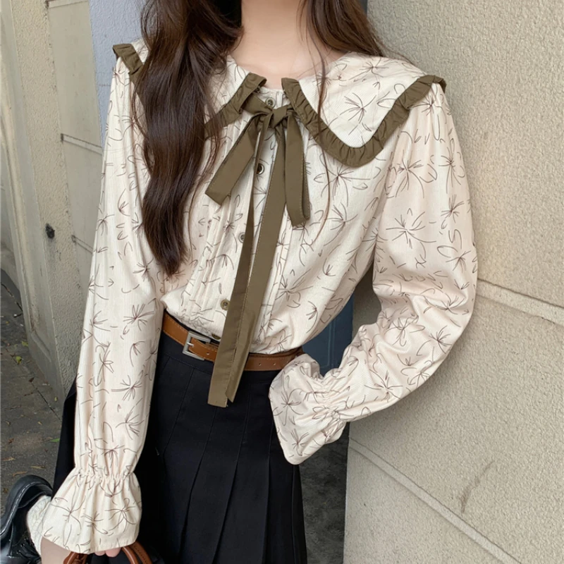 French Vintage Women Shirt Spring New Floral Peter Pan Collar Button Tops Preppy Style Cute Versatile Niche Blouse Female