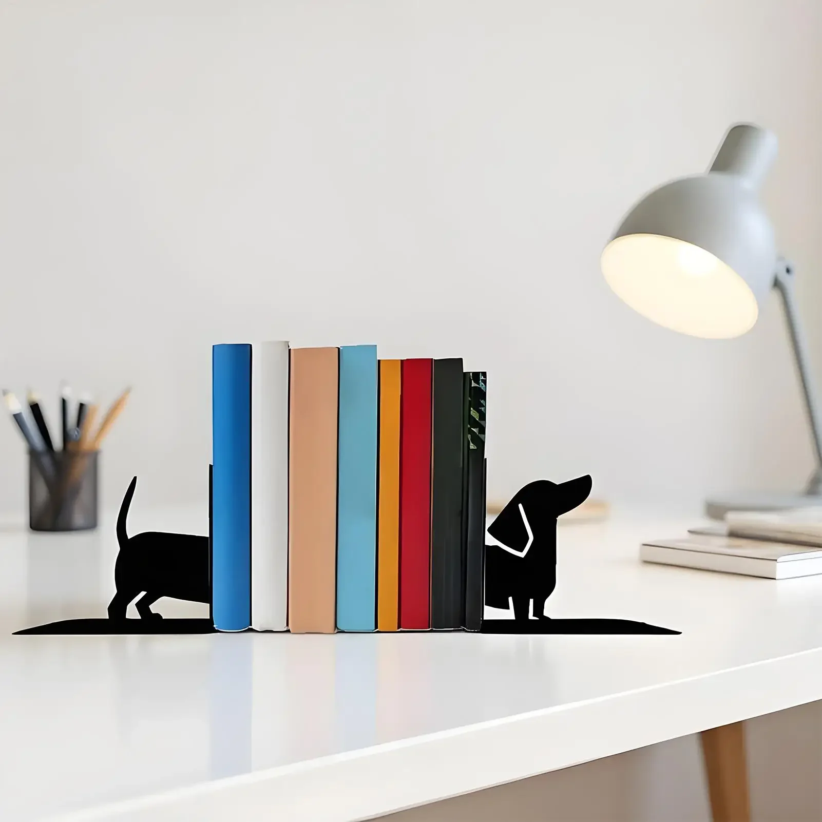 Cute Bookends Black Dachshund Shape Metal Stopper Animal Bookends Office Home Desk Kitchen Library Bookcase Room Farmhouse