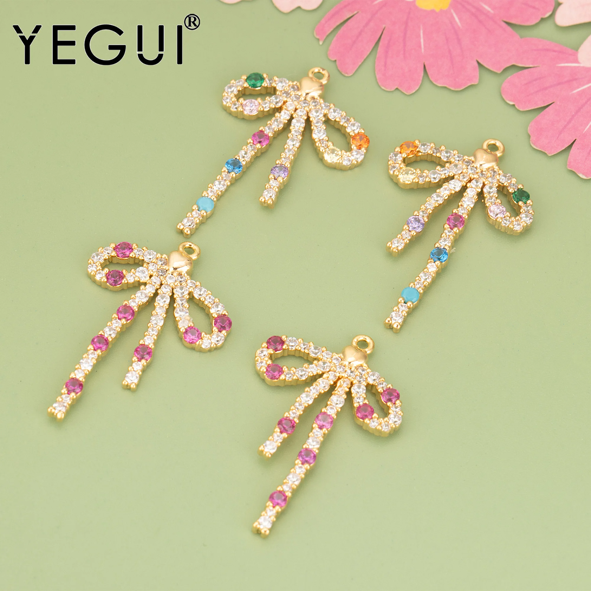 YEGUI MF31,jewelry accessories,18k gold plated,copper,zircons,bowknot,hand made,charms,diy pendants,jewelry making,2pcs/lot