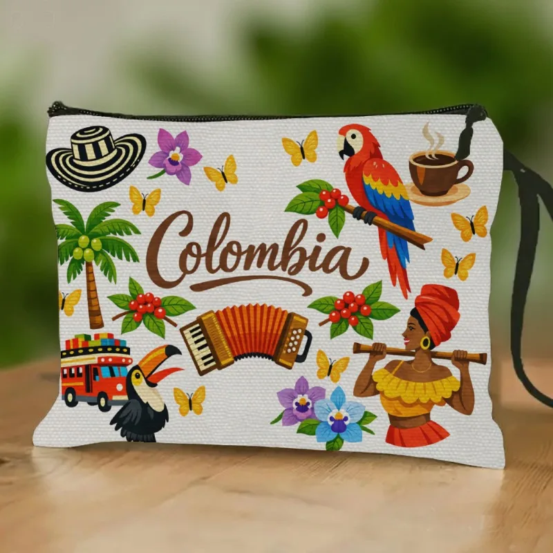Colombian Cultural Print Fashion Toiletry Bag, Featuring a Convenient Wrist Strap, Adorned with Designs of Tropical Birds, Coffe