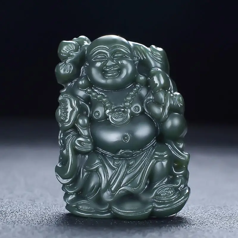 Natural Hotan Green Jade Laughing Buddha Maitreya Pendant Men And Women