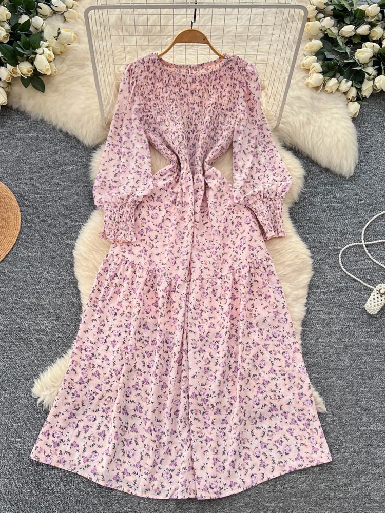 

2026 Новое осеннее женское платье во французском стиле с круглым вырезом и длинными рукавами в стиле кантри, плиссированная талия, тонкое темпераментное платье трапециевидной формы с принтом