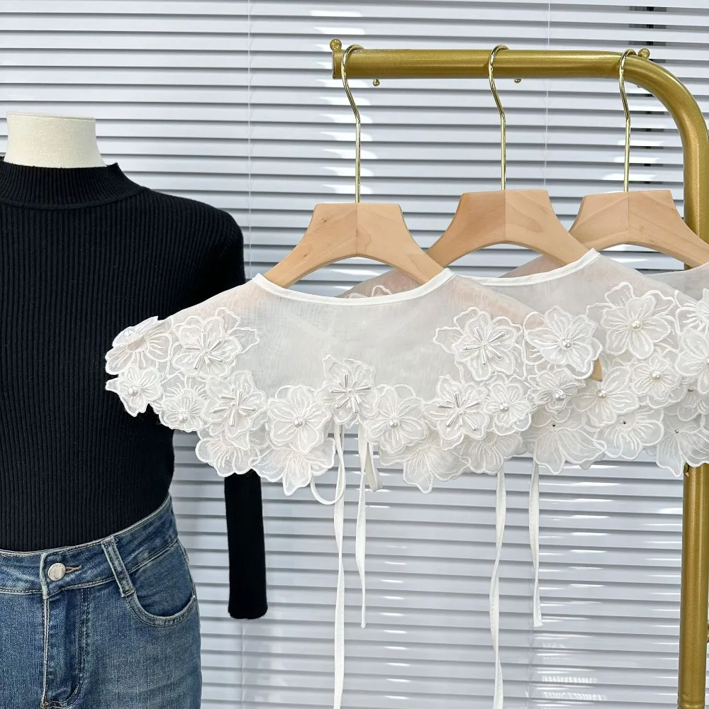 Аксессуары для одежды женский кружевной воротник из органзы вышивка женская рубашка шнуровка Белая Шаль