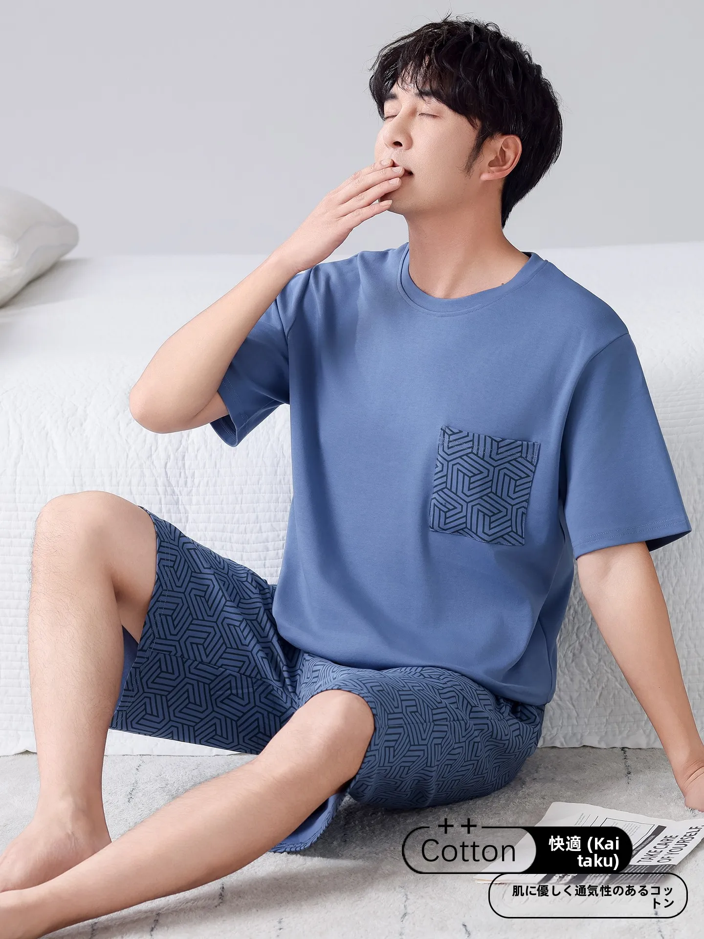 メンズサマーパジャマ-綿00％-半袖-ショートパンツ-ホームウェアセット-大きいサイズ-若者向け-屋外でも着用可能-カジュアルスタイル-プリントデザイン