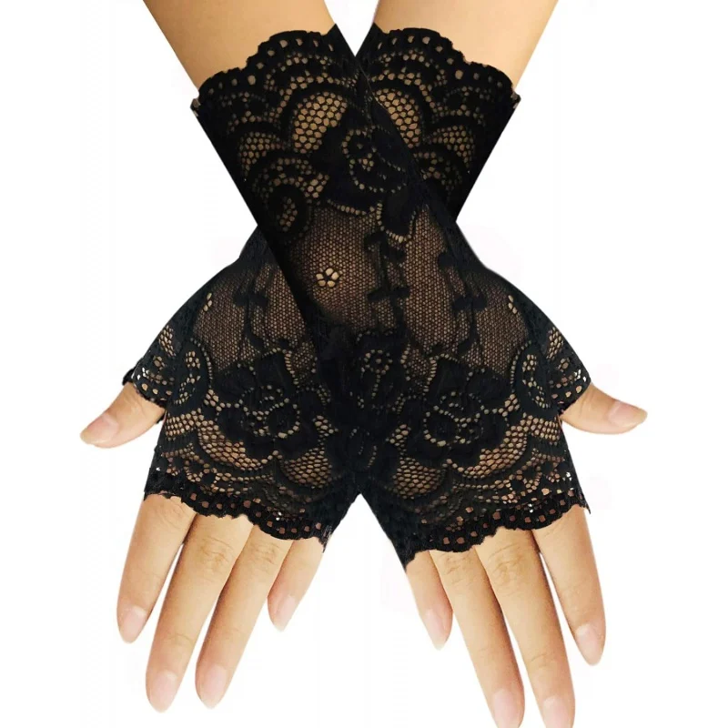 

Women Gothic Short Lace Gloves Sunblock Fingerless Bridal Wrist Gloves Opera Evening Wedding Tea Party Prom Cosplay 1920s