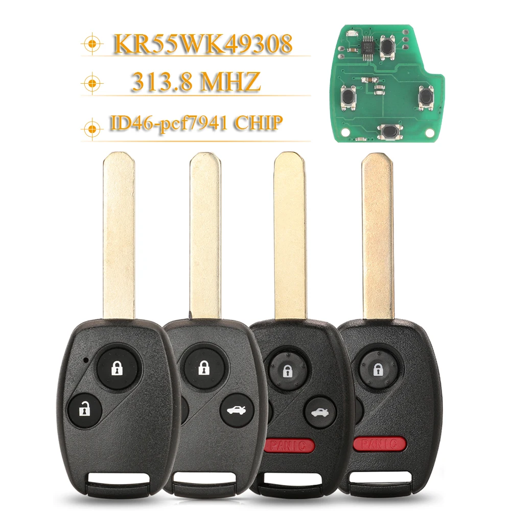 Jingyuqin KR55WK49308 2/3/4 Tasten 313,8 MHz ID46-pcf7941 Chip Fernbedienungsschlüssel für Honda Accord Sedan Pilot Civic CRV 2008–2012