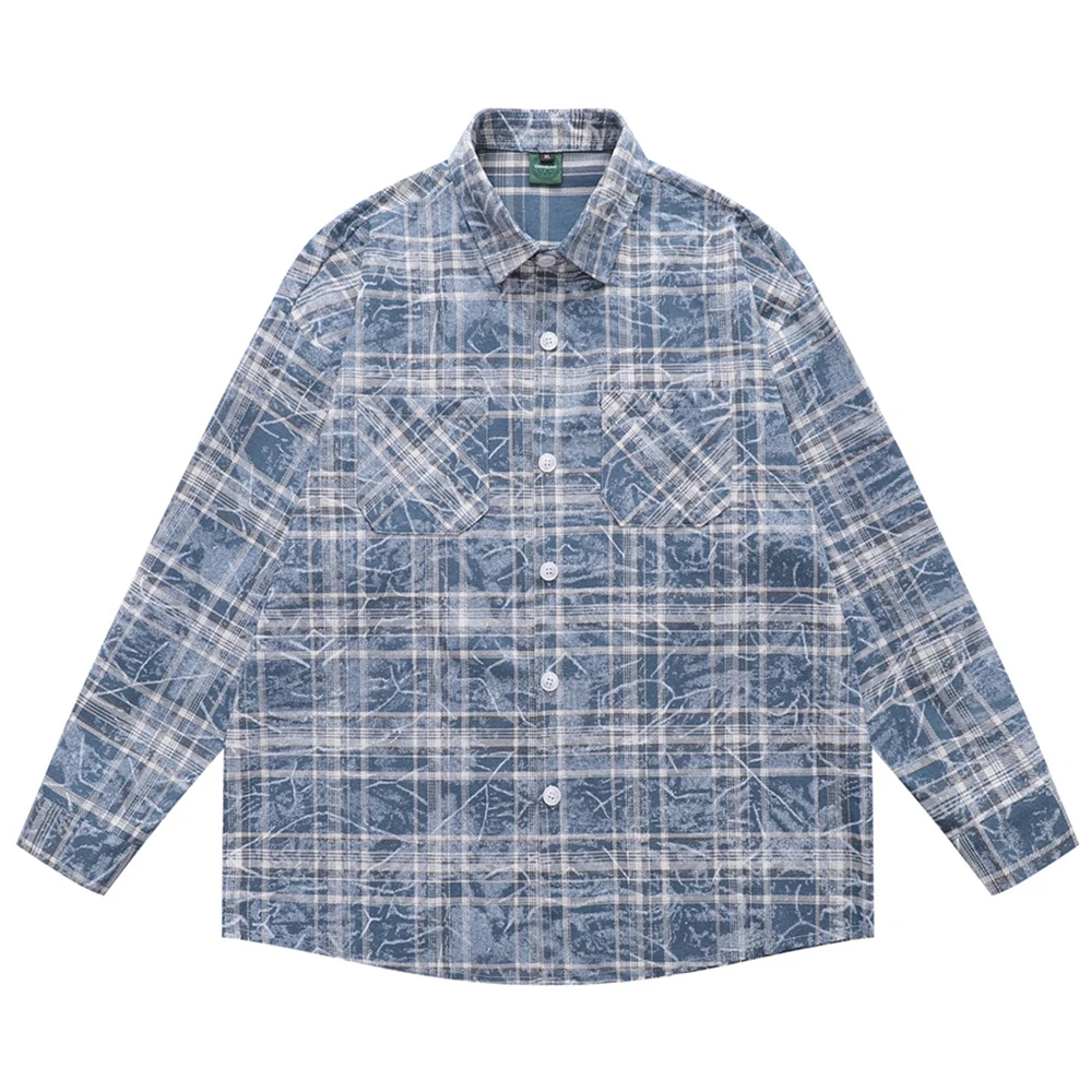 Tie Dyeing Blue Plaid Men's Shirt Long Sleeve Spring Casual Shirts for Men Cotton