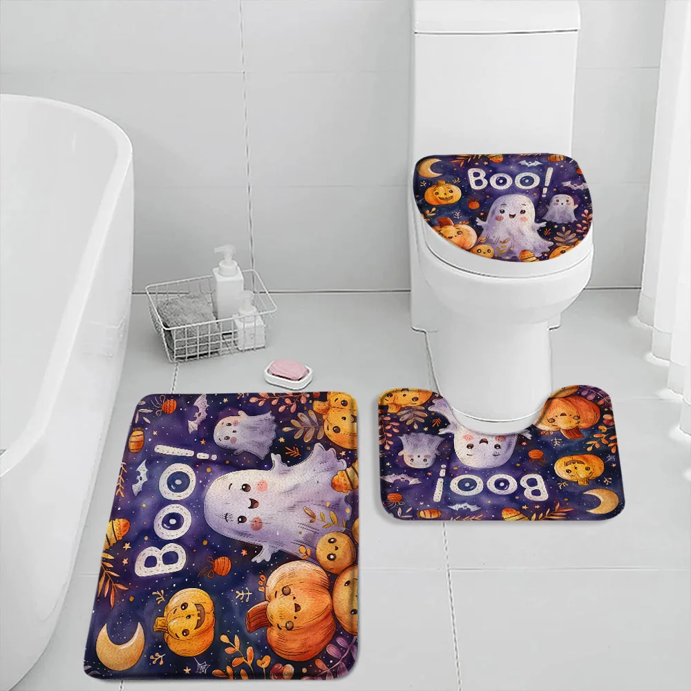 Cartoon Spectre Ghost 3Pcs Bath Mat Set Orange Pumpkin Blak Cat Boo Happy Halloween Bathroom Decor Flannel Mat Toilet Lid Cover