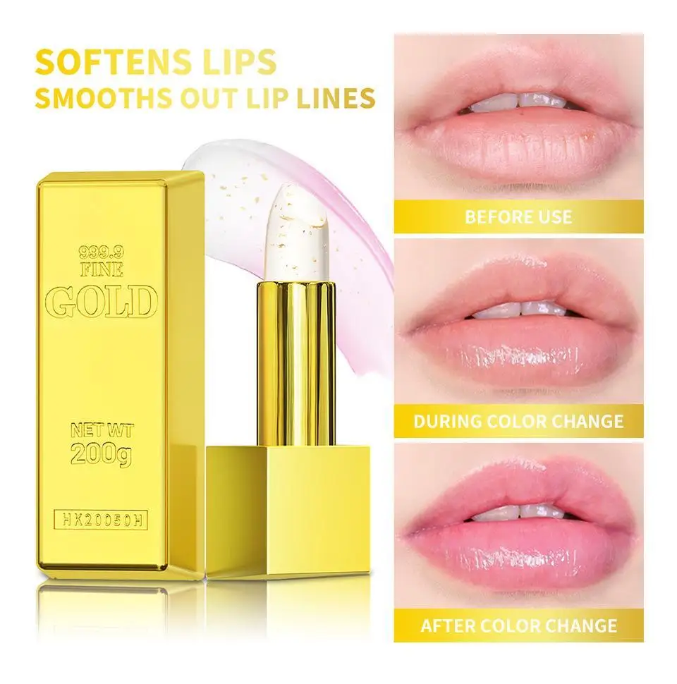 1pcs Gold Foil Color Changing Lip Balm Glossy Non-Sticky Nourishing Moisturizing Lasting Transferproof Color Changing Lipstick