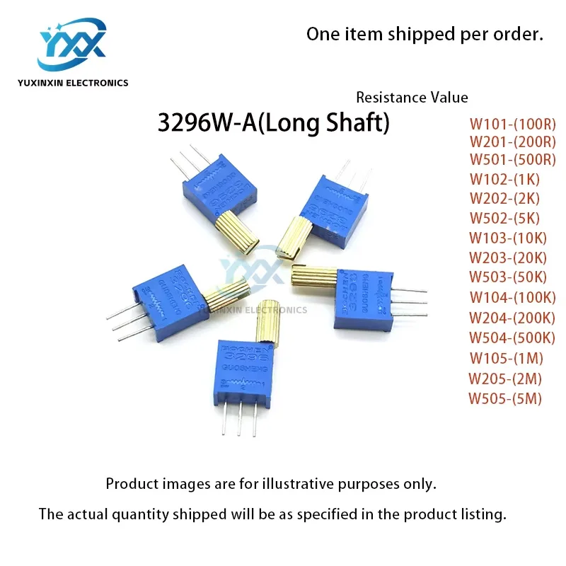 5PCS 3296W Multi-Turn Adjustable Potentiometer 1K 2K 5K 10K 20K 50K 100K 200K 500K 1M Metal Shaft Long/Short