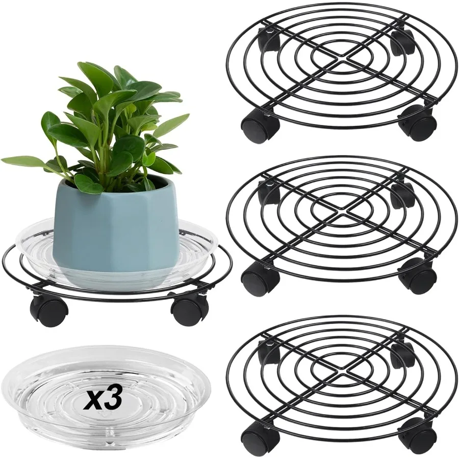 

3 Packs Large Metal Plant Caddy 13 Plant Dolly with Wheels Heavy-duty Wrought Iron Rolling Plant Stand with Casters for Indoor