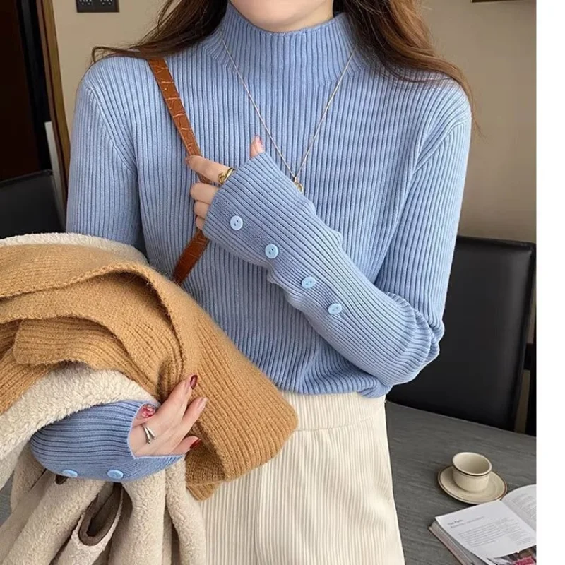 Women Autumn and Winter Korean New Half High Neck Knitted Bottom Shirt Simple Commuter Button Versatile Sweater Long Sleeve Tops