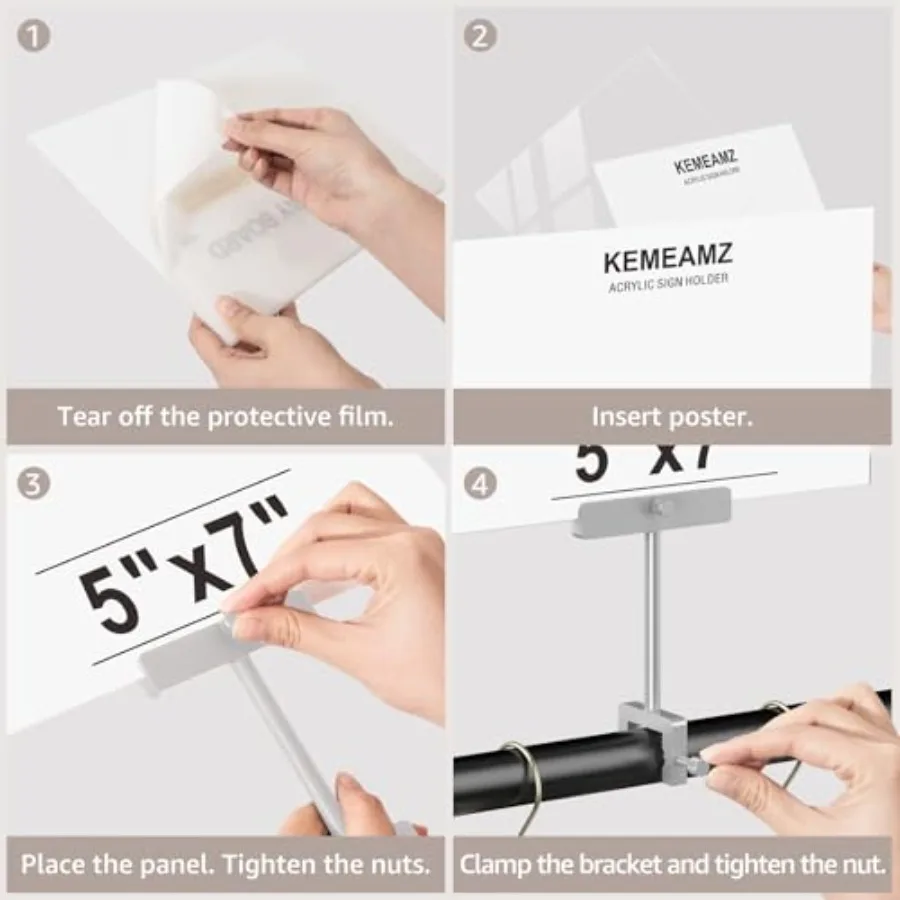Aluminum Alloy Sign Holder Clamp with 5 x 7 Inch Acrylic Frame Sign HolderMerchandise Sign Display Clip for Clothing Stores Bus