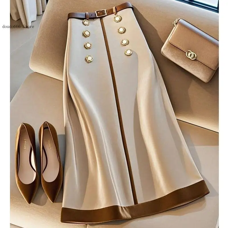 Women High Waist Beaded Double-Breasted Skirt Office Lady Jupe with Belt Autumn Elegant Party Patchwork Skirts