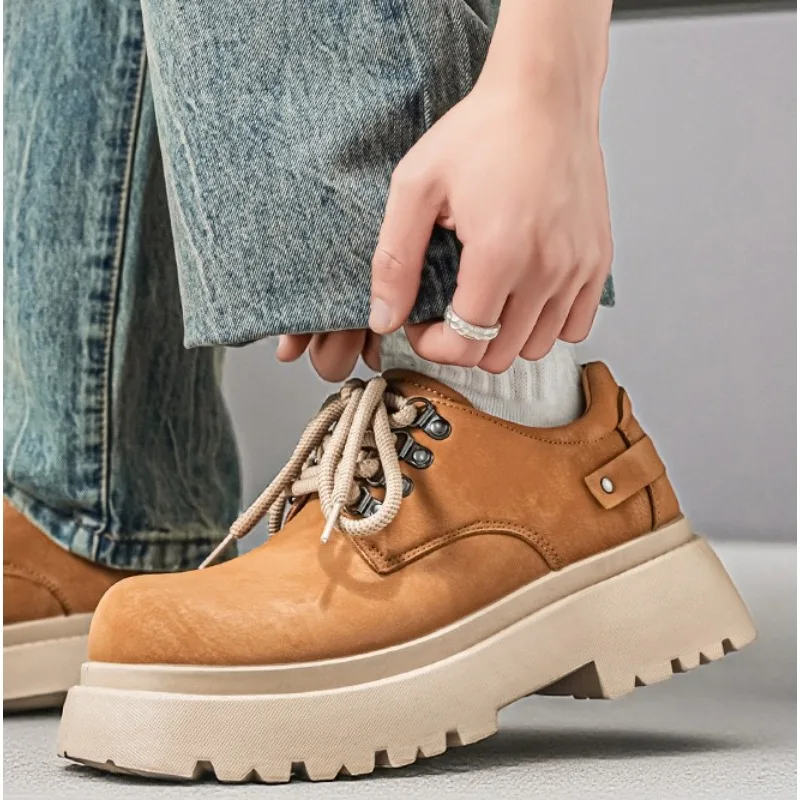 2026 Spring and Autumn Round Head Lace Middle Heel Fashion Small Leather Shoes Men's Shoes Big Head Casual Work Shoes，39-43