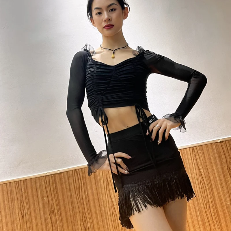 2025 Abiti da ballo latino Donna Club per adulti Rumba Samba Pratica di danza Top da allenamento Gonna maniche lunghe Salsa Dance Wear DNV24198