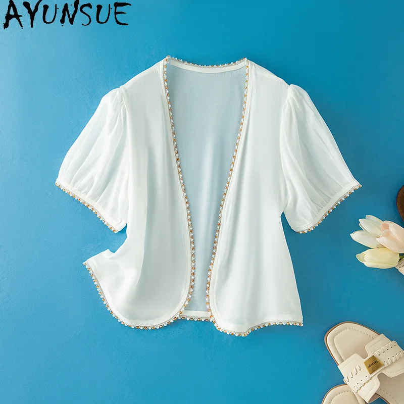 AYUNSUE Double Crepe Silk Tops for Woman Stylish White Short Sleeve Top Sunscreen Cardigan Woman Clothing Summer Ropa De Mujer