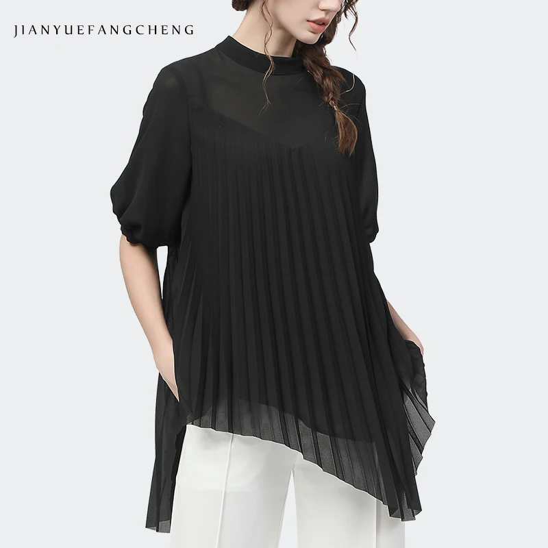 2023 Summer Chiffon Blouse Mid-length Black Lantern Sleeve Crew-neck Loose Plus Size Women\' Top With Belt Pleated Tops Shirts